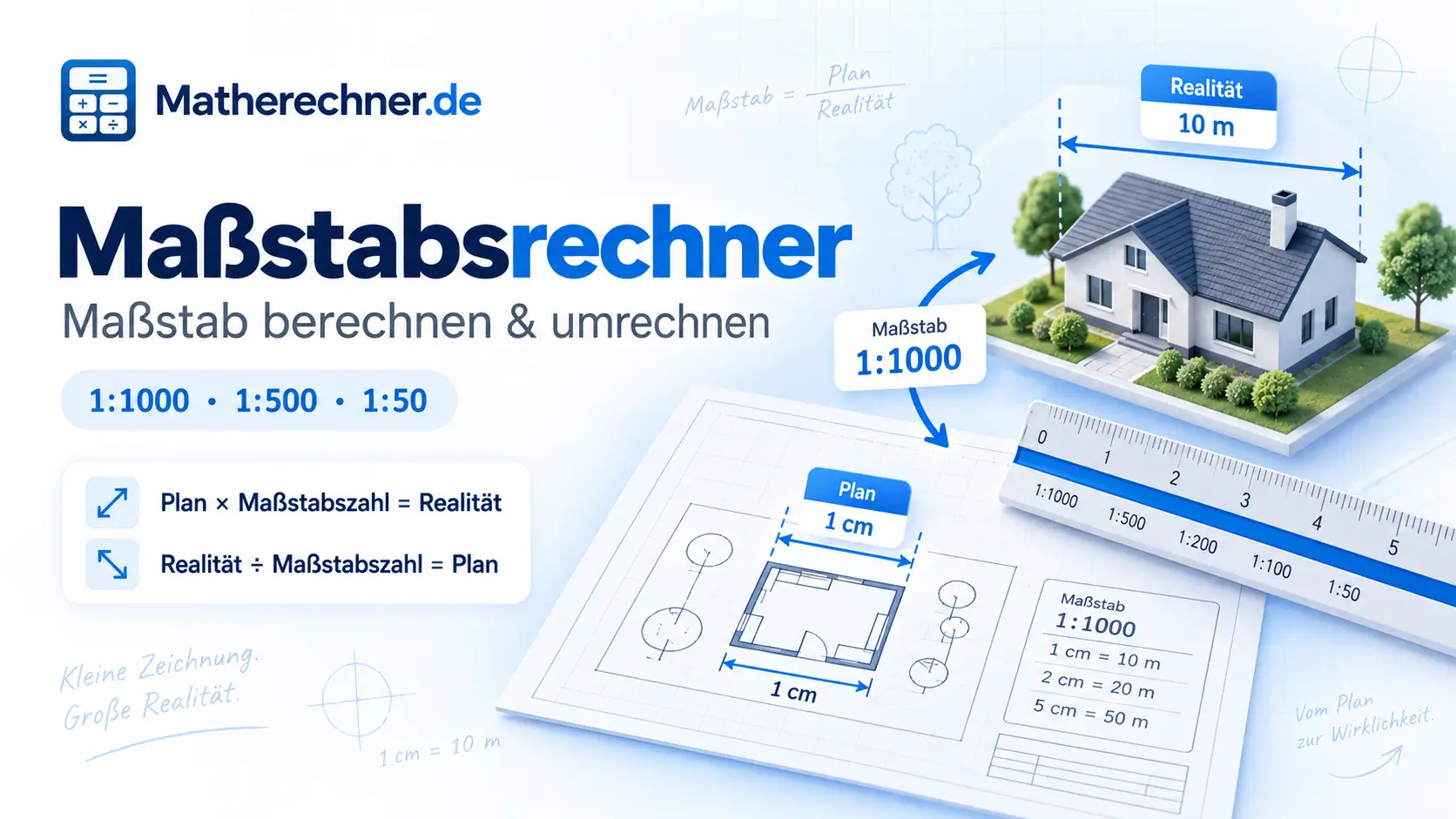 Maßstabsrechner für Plan, Karte und Wirklichkeit